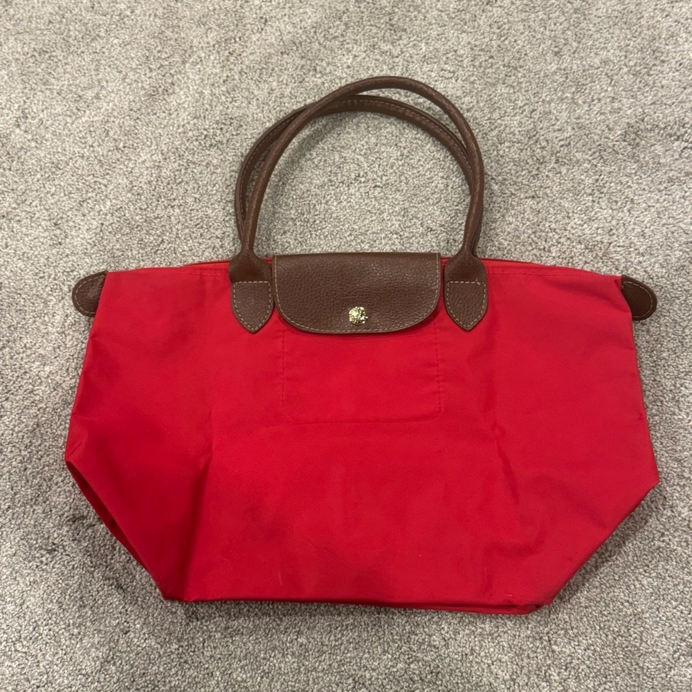Longchamp Red Nylon Tote with Brown Leather Trim